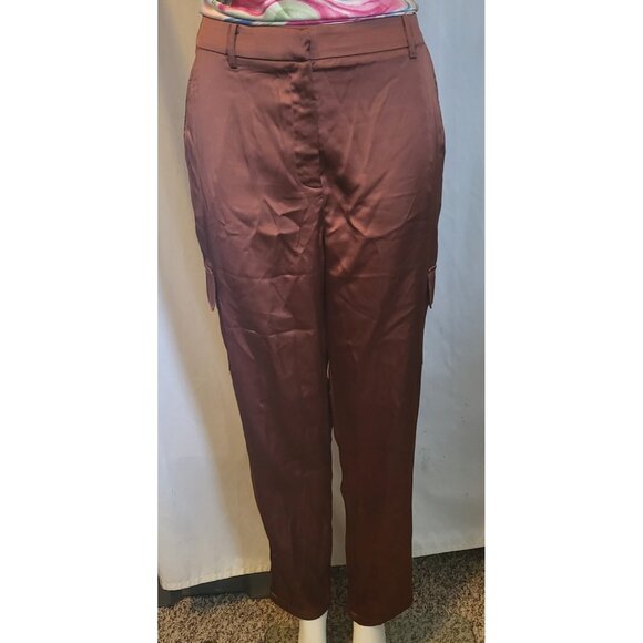 Bailey 44 Size Large Brown Satin Tapered Leg Cargo Pants High Waist Pockets NWT - Picture 1 of 6